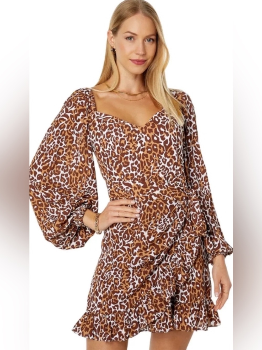 Lilly Pulitzer Brown & White Leopard-Print Long Sleeve Ruffle Wrap Dress